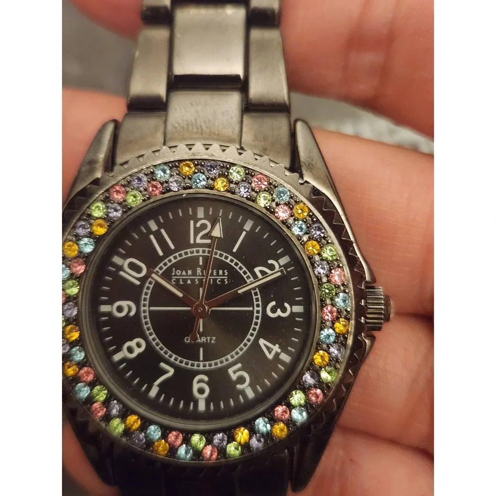 Joan Rivers Black Watch Stainless Steel Band Rhinestone Accent Elegant Timepiece